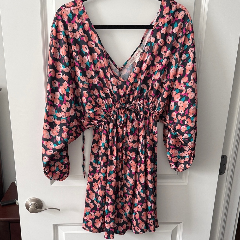 Flying Tomato Pink Floral Mini Dress with Teal Accents on Black